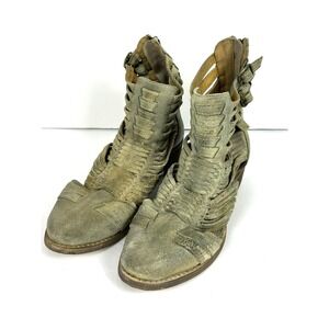 Diba True VINO TIME Green Leather‎ Cutout Heeled Ankle Booties Size 6 Distressed